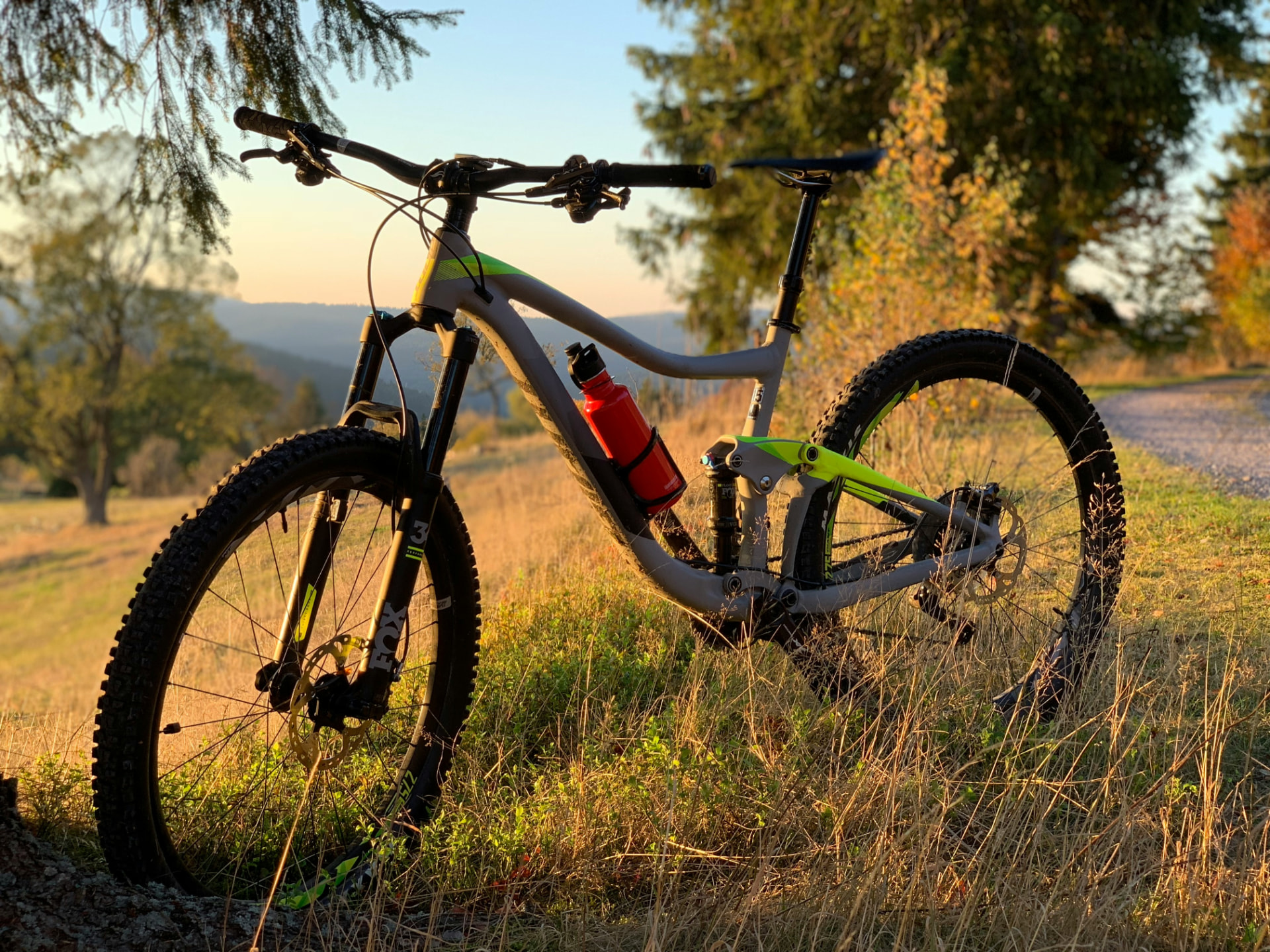 Mountainbike in einer sonnigen Landschaft neben einem Weg